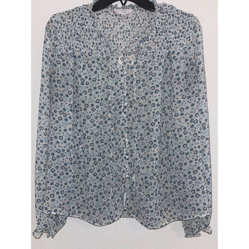 Time and Tru Women’s Sheer Peasant Top M (8–10) Cream/Blue Floral Blouse Ruffle